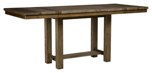 This counter height dining table might be simple at first sight, but a closer look reveals beauty in the details. From the through-tenon pedestal base to the plank-effect table top and distressed nutmeg finish, this table is beaming with charm. Small scal