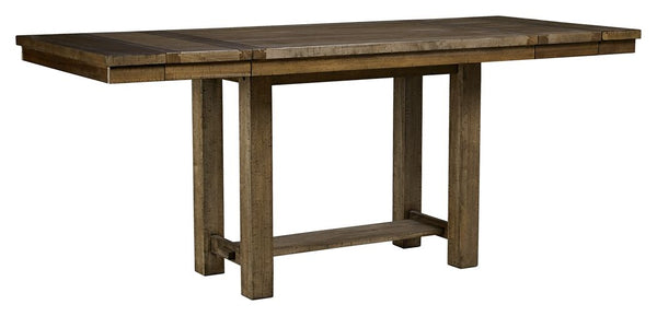This counter height dining table might be simple at first sight, but a closer look reveals beauty in the details. From the through-tenon pedestal base to the plank-effect table top and distressed nutmeg finish, this table is beaming with charm. Small scal