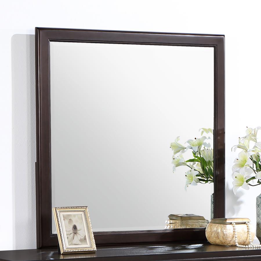 Put finishing touches on your elegant bedroom with a framed dresser mirror. The modern piece complements your dresser perfectly, adding brightness and reflectivity to accent an open bedroom space. Its dark brown finish frame is sleek and simple, adding th