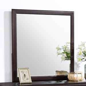  adding brightness and reflectivity to accent an open bedroom space. Its dark brown finish frame is sleek and simple