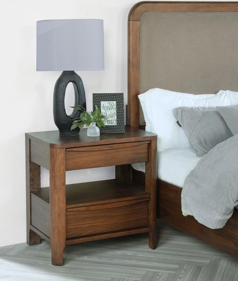 Create a space for reading materials and a table lamp at your bedside with this transitional wooden nightstand. It features two storage drawers with cedar and includes felt lining in the top drawer for added protection. Its open silhouette features a shel