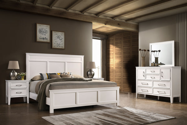 The Andover Wood 5-Piece Bedroom Set in Nutmeg Brown offers a timeless blend of style, durability, and functionality, making it an ideal choice for a complete bedroom transformation. This set includes a Panel Bed, Dresser, Mirror, and two Nightstands, all