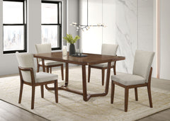 Elevate your dining space with this sleek and sophisticated dining set, designed to seamlessly blend modern elegance with mid-century inspiration. The beautifully crafted table features a warm wood finish and a unique sculptural base, adding a refined tou