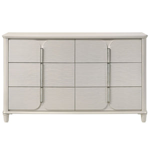  where light gray boucle meets a pearl white finish for an exquisite blend of sophistication and serenity. The clean lines and contemporary design create a harmonious balance