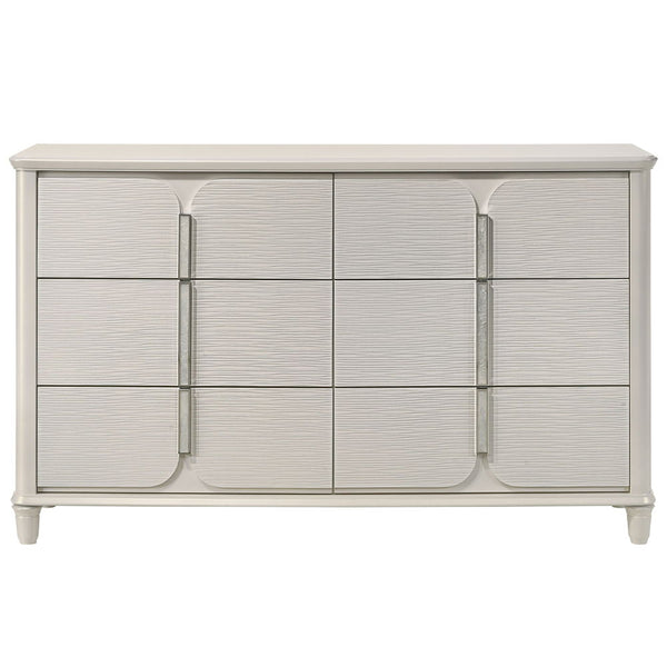  where light gray boucle meets a pearl white finish for an exquisite blend of sophistication and serenity. The clean lines and contemporary design create a harmonious balance