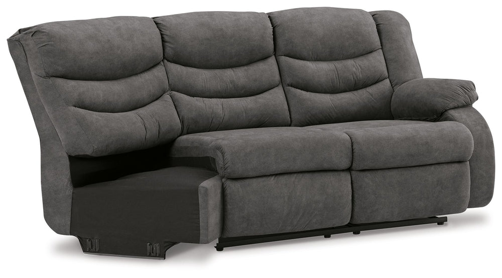 This right-arm facing reclining loveseat with half wedge is made with faux leather upholstery. Pairs with other items in the series to make a sectional.<br><br><b>Additional Dimensions</b><br><ul><li>Arm height: 26-"</li><li>Seat depth: 22-"</li><li>Seat 