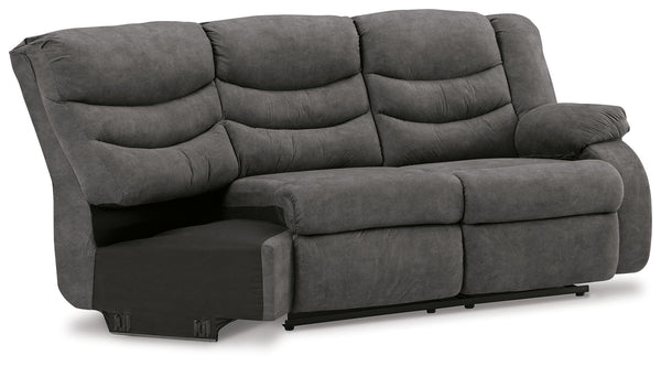 This right-arm facing reclining loveseat with half wedge is made with faux leather upholstery. Pairs with other items in the series to make a sectional.<br><br><b>Additional Dimensions</b><br><ul><li>Arm height: 26-"</li><li>Seat depth: 22-"</li><li>Seat 