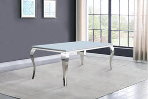  supported by a sculptural stainless steel base. Queen Anne cabriole legs lend classic flair