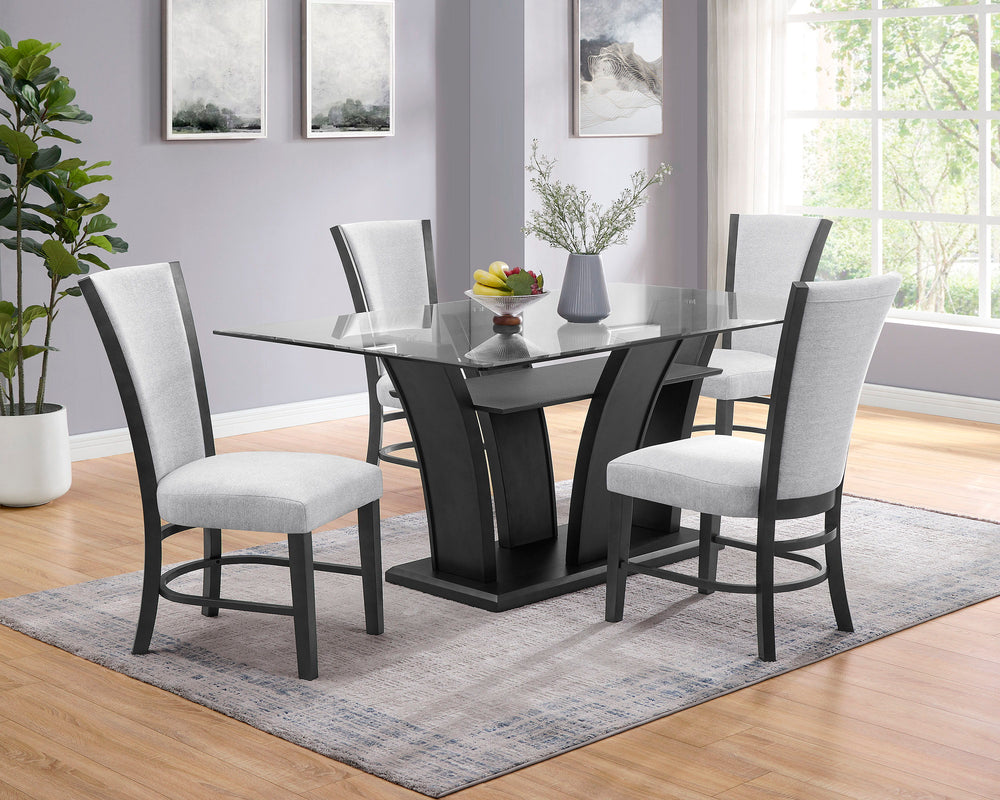 This sleek and modern dining group bridges form and function. The sculptural dining table has a sturdy base and the glass top allows views of the upholstered open shelf. Streamlined chairs and bench feature pewter finished wood and dove gray upholstery fo