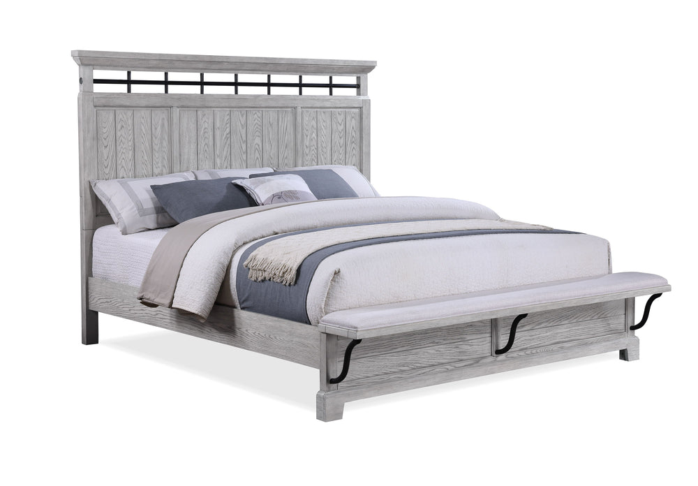 This bedroom suite offers a refreshing take on rustic charm, featuring a soft greige finish that highlights the natural wood grain. The sturdy bed stands as the centerpiece with its robust headboard and inviting design, while the accompanying pieces â€” a