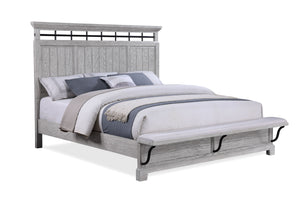  featuring a soft greige finish that highlights the natural wood grain. The sturdy bed stands as the centerpiece with its robust headboard and inviting design