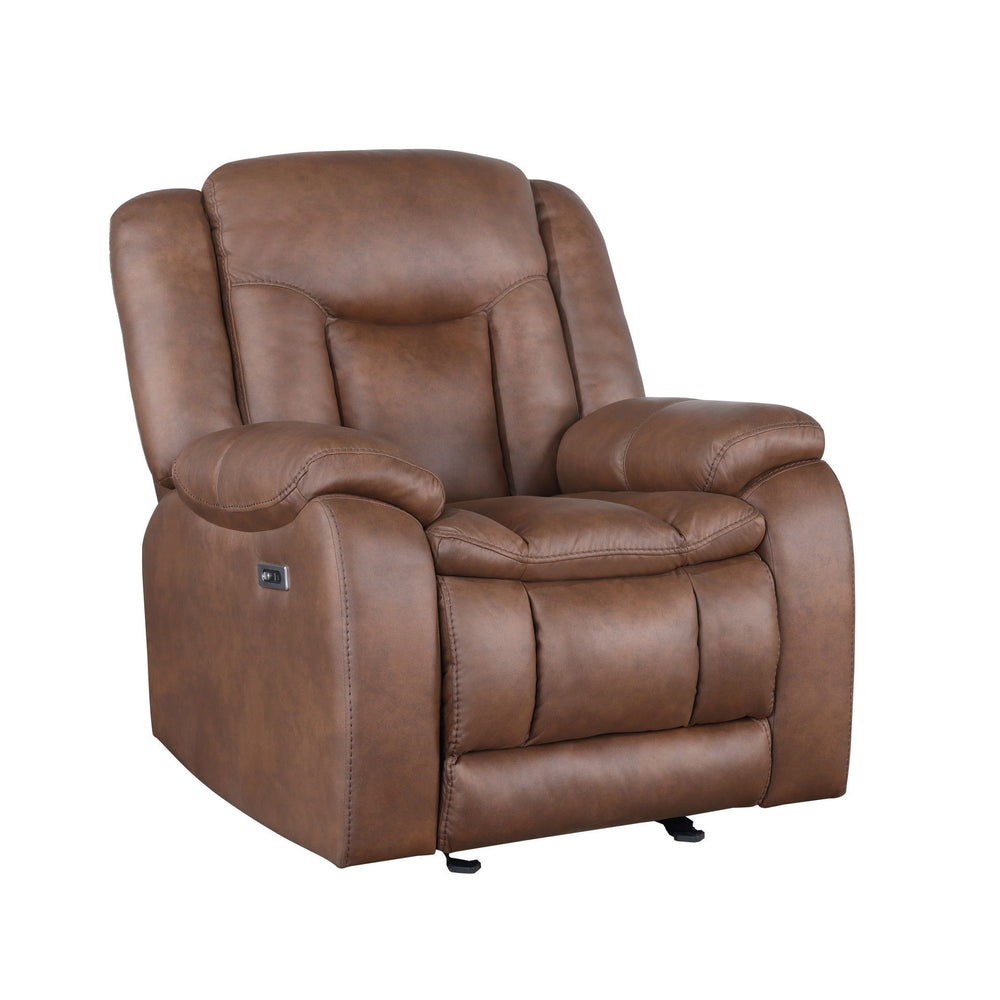 The Morello Glider Recliner with Power Footrest in Brown is the perfect blend of comfort and functionality for your home. This power glider recliner is upholstered in sumptuously soft 100% polyester fabric in a saddle brown color, mimicking the look of le