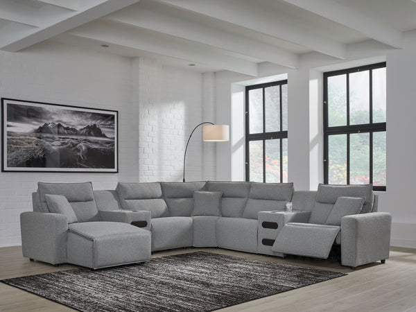 Modmax - Salt And Pepper - 7-Piece Power Reclining Sectional With LAF Power Chaise And With Audio Console