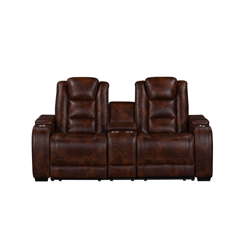 The Chester Power Reclining Console Loveseat in brown blends modern style with exceptional comfort and functionality. Constructed with hardwood and plywood interior frames and robust motion mechanisms, this loveseat is built to last, supporting up to 350 