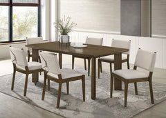 This transitional dining set combines timeless design with elegant details for a versatile and functional dining space. Featuring a round dining table with a rich brown finish, angular legs, and a convenient open shelf, it provides both style and practica
