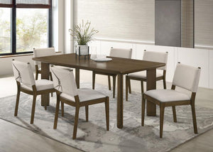 This transitional dining set combines timeless design with elegant details for a versatile and functional dining space. Featuring a round dining table with a rich brown finish, angular legs, and a convenient open shelf, it provides both style and practica