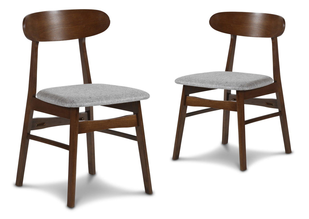 The New Classic Morocco Dining Chairs are a picture of Mid-Century Modern design with tapered legs, curved oval seatbacks, and classic walnut brown color. Easy care, light gray 100% polyester foam cushions provide comfortable seating. A perfect accent cha