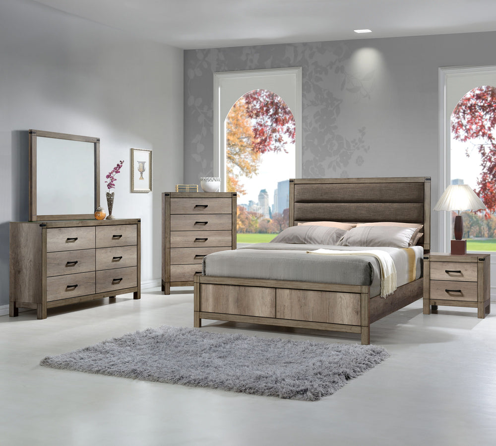 This modern bedroom collection features a clean-lined design with a stylish weathered gray finish. Sturdy and practical, each piece is equipped with ample storage and smooth metal hardware. The bed-'s bold headboard is a standout element, making it the fo