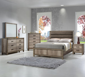 This modern bedroom collection features a clean-lined design with a stylish weathered gray finish. Sturdy and practical, each piece is equipped with ample storage and smooth metal hardware. The bed-'s bold headboard is a standout element, making it the fo