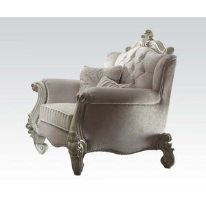 The Versailles collection with bone white finish will create you an elegant, warm and traditional taste in your living room. The sofa set reflects highly decorative base with scrolled feet, and the upholstered seats with the deep button tufted and Nailhea
