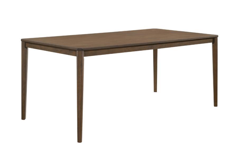 A sleek silhouette makes this wooden dining table a perfect choice for anyone who prefers a minimalist decor style. Slim, tapered legs support an expansive, rectangular tabletop to create a design that exudes simple glamour. A lightly beveled top with cli