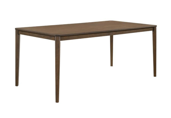 A sleek silhouette makes this wooden dining table a perfect choice for anyone who prefers a minimalist decor style. Slim, tapered legs support an expansive, rectangular tabletop to create a design that exudes simple glamour. A lightly beveled top with cli