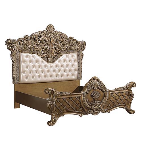 The grand Baroque style of the Constantine collection is sure to impress. With a beautiful bronze finish to emphasize the scrollwork and regal aspects of the collection. The bed features intricately carved embellishments and an oversized PU padded headboa