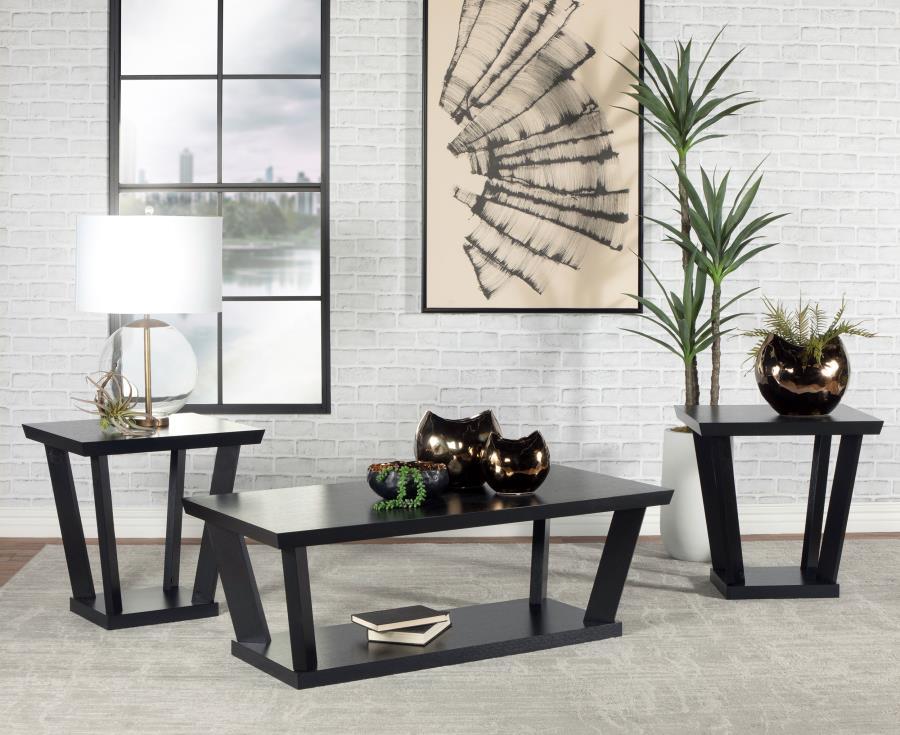 Create an ultra-modern feel with this set of three occasional tables, featuring a coffee table and two end tables. Designed with a black finish throughout each furniture piece, this modern three-piece occasional set lends a bold look to a space with their