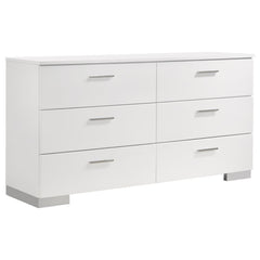 Keep your space organized with the clean lines of this contemporary 6-drawer dresser. A white high gloss finish delivers a polished, modern aesthetic, while chrome-finished metal handles and feet add refined contrast. Each drawer glides smoothly on metal 