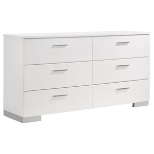 Keep your space organized with the clean lines of this contemporary 6-drawer dresser. A white high gloss finish delivers a polished, modern aesthetic, while chrome-finished metal handles and feet add refined contrast. Each drawer glides smoothly on metal 