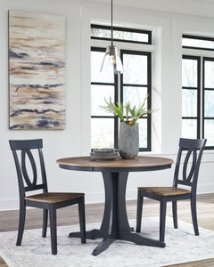 Casual lifestyle design. Made with hardwood solids, Mindi wood veneer and MDF substrates. Outstanding 2-tone finish features a light brown wood tone top with dark slate blue table base and chair frame. Designed for smaller space dining solutions the 42-" 