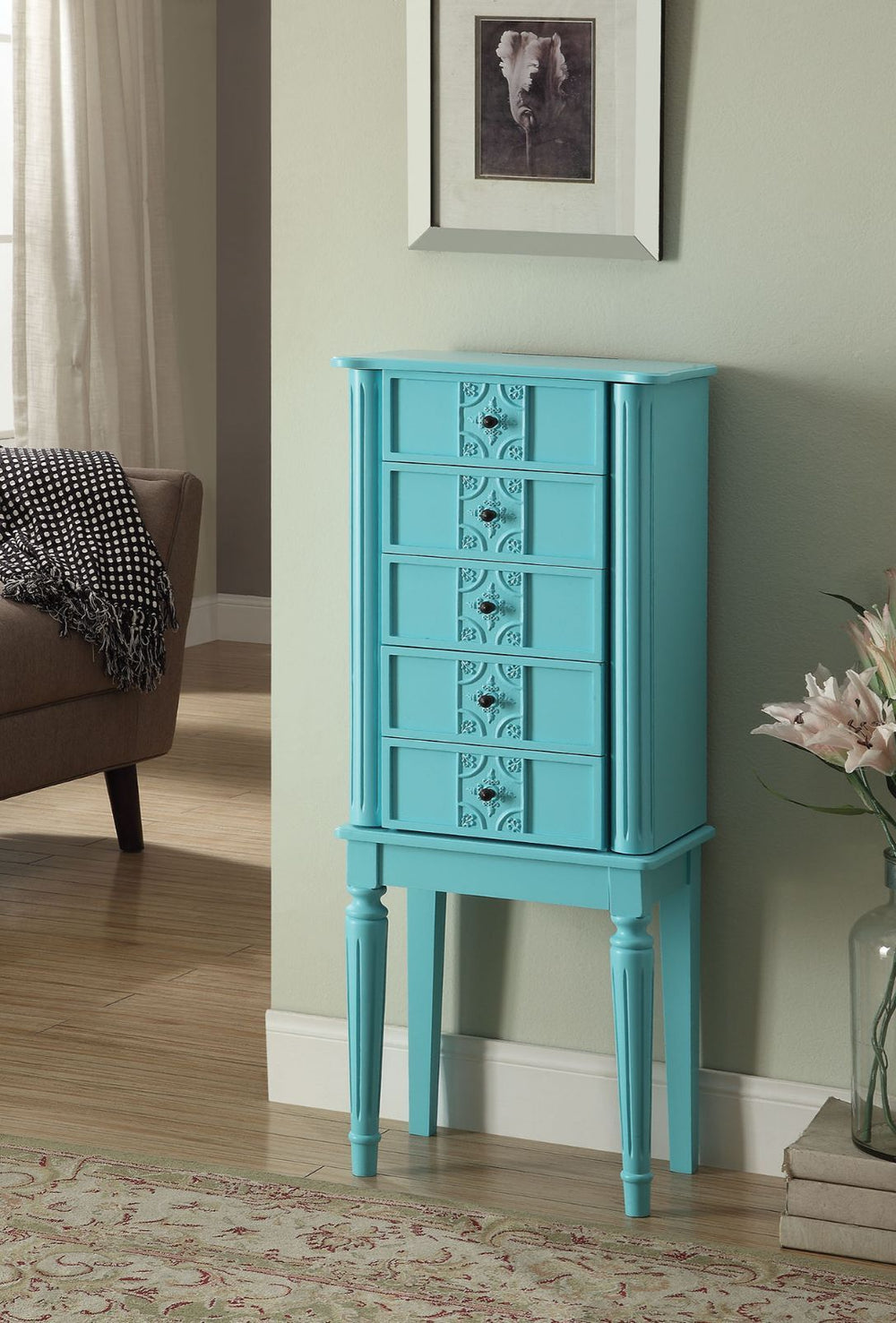 KD Leg, 4 Drw Top: Lid w/Mirror, Jewelry Storage & Cord mgmt: PreCut Hole (Velvet Lined) Side Doors w/Jewelry Storage (Hooks/Velvet Lined) Drawer: GLIDE Side Wood, Felt-Lined Drawers Wooden Fluted/Tapered Legs Anti-Tipping Strap Included<br/><br/><b>Produ