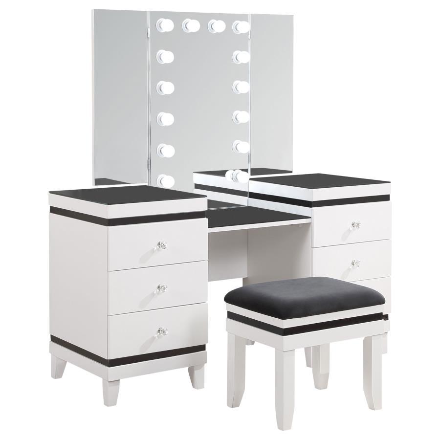 Take modern glam to new heights with the bold contrast and sophistication of this contemporary vanity desk. With six roomy drawers for easy storage, including a felt-lined top drawer for delicates, the large desk features a bold black and white finish sur