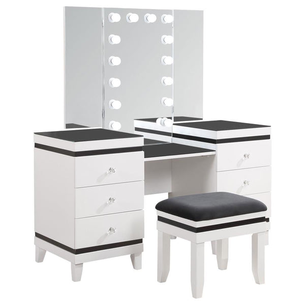 Take modern glam to new heights with the bold contrast and sophistication of this contemporary vanity desk. With six roomy drawers for easy storage, including a felt-lined top drawer for delicates, the large desk features a bold black and white finish sur