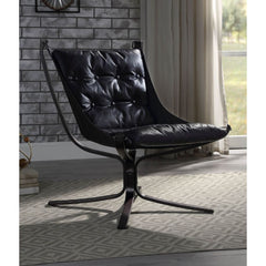 Lounge Accent Chair, Loose Back & Seat Cushion (1) CONSTRUCTION SEAT: Top Grain Leather, Full Foam (Reversible) BACKREST: Button Tufted, Loose Cushion ARMLESS Metal Frame w/4-Star Base: Matt Iron Tube (Size 17-"H) Material: Top Grain Leather (Vintage Patt