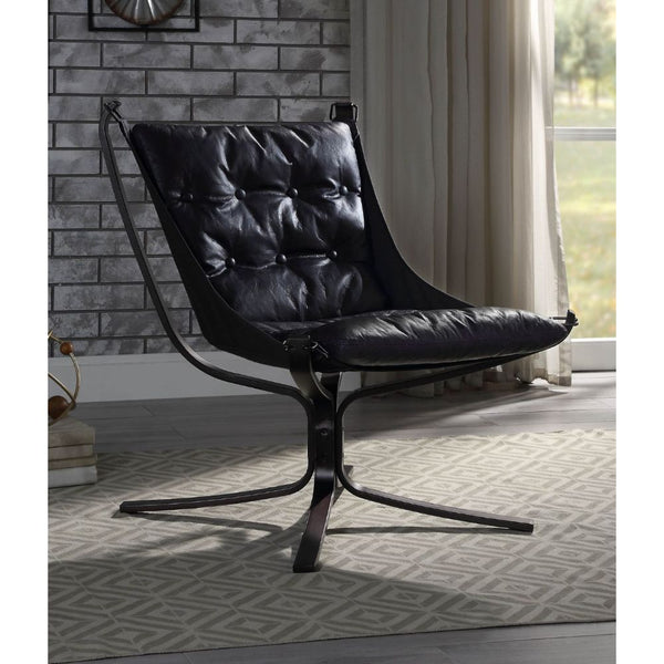 Lounge Accent Chair, Loose Back & Seat Cushion (1) CONSTRUCTION SEAT: Top Grain Leather, Full Foam (Reversible) BACKREST: Button Tufted, Loose Cushion ARMLESS Metal Frame w/4-Star Base: Matt Iron Tube (Size 17-"H) Material: Top Grain Leather (Vintage Patt