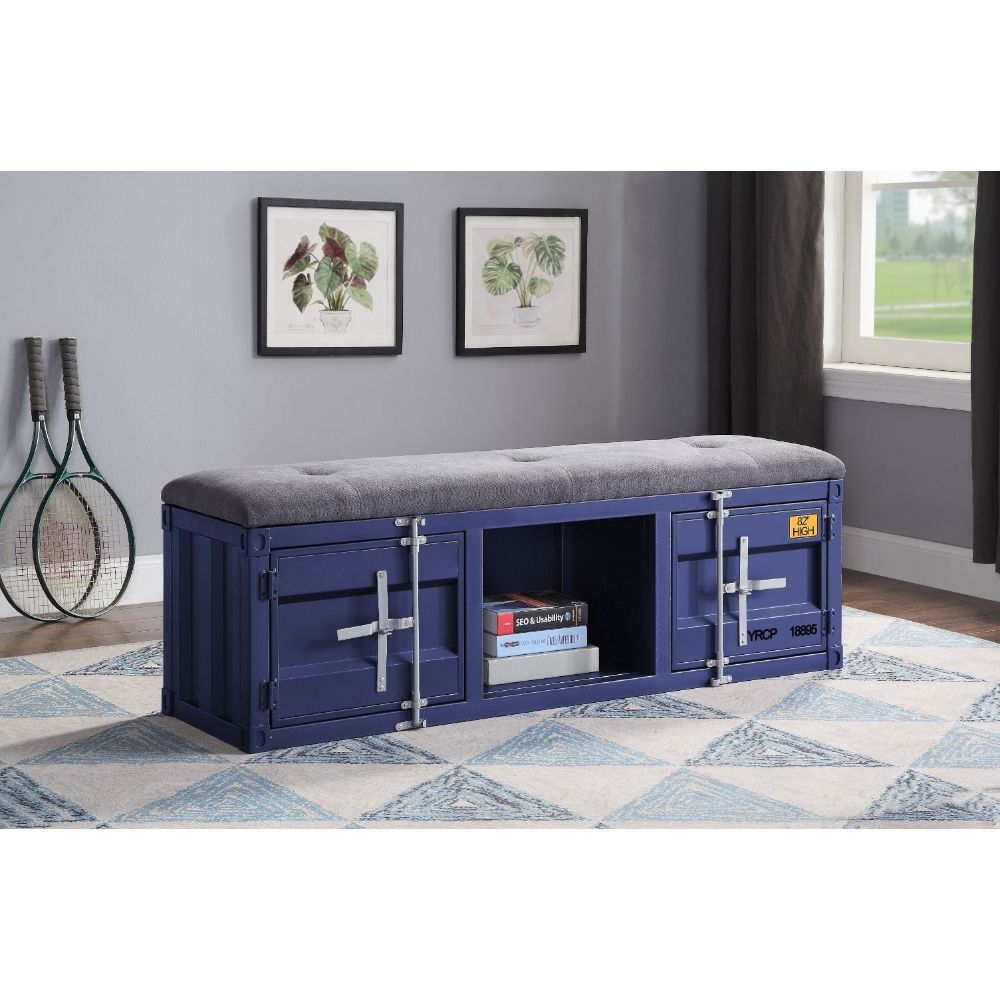 KD, Armless Bench (Backless) Storage: 2 Metal Doors (), 1 Open Compartment Stationary Seat Padded SEAT: Cushion (Solid Pattern) Features: Metal Frame, Recessed Panels (Cargo Container Panels), Full-Length Container Lock Backless (NO LEGS) Armless<br/><br/