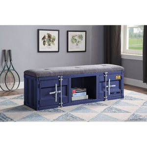 KD, Armless Bench (Backless) Storage: 2 Metal Doors (), 1 Open Compartment Stationary Seat Padded SEAT: Cushion (Solid Pattern) Features: Metal Frame, Recessed Panels (Cargo Container Panels), Full-Length Container Lock Backless (NO LEGS) Armless<br/><br/