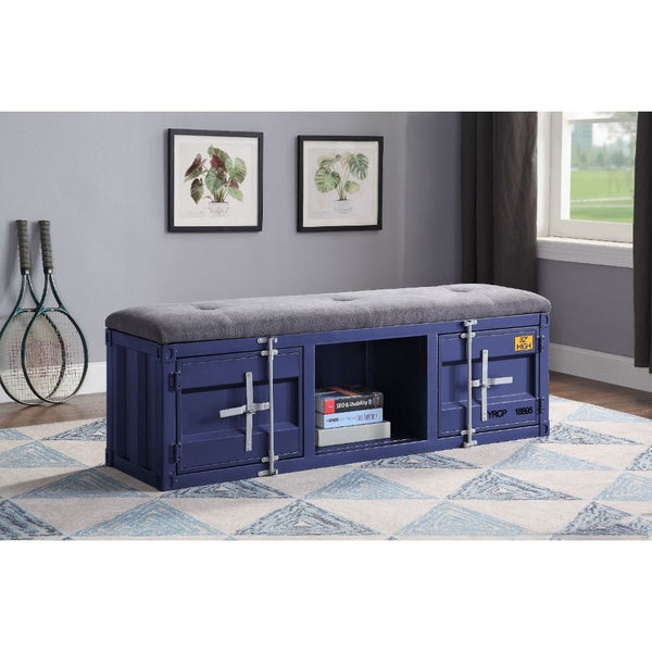 KD, Armless Bench (Backless) Storage: 2 Metal Doors (), 1 Open Compartment Stationary Seat Padded SEAT: Cushion (Solid Pattern) Features: Metal Frame, Recessed Panels (Cargo Container Panels), Full-Length Container Lock Backless (NO LEGS) Armless<br/><br/