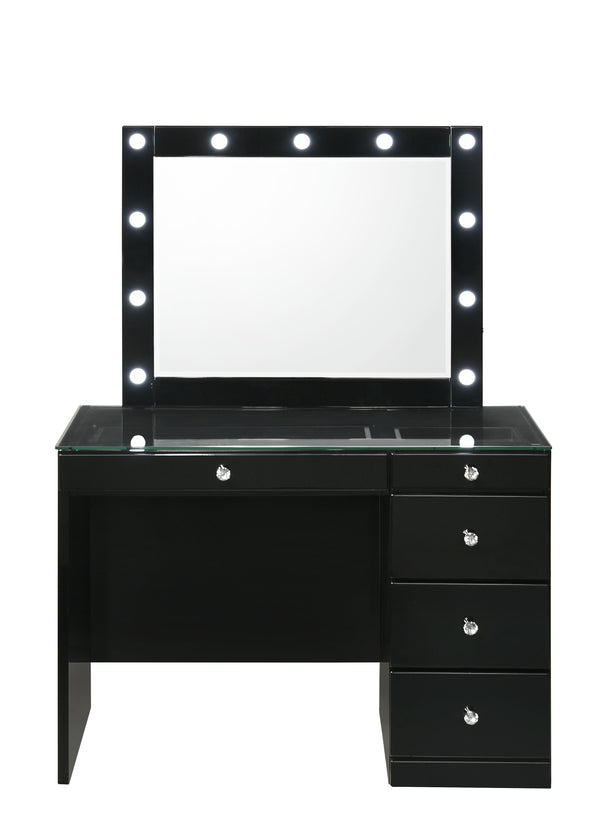 Morgan - Vanity Desk With Glass Top And LED Mirror - Black<h4><b>Morgan - Vanity Base - Black</b></h4> <table width="100%"><colgroup><col style="width: 30%"> <col style="width: 70%"> </colgroup> <tbody> <tr> <td>Dimensions</td> <td> 44.00"L x 23.25"D x 31