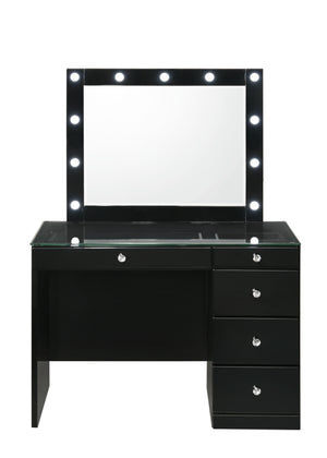 Morgan - Vanity Desk With Glass Top And LED Mirror - Black<h4><b>Morgan - Vanity Base - Black</b></h4> <table width="100%"><colgroup><col style="width: 30%"> <col style="width: 70%"> </colgroup> <tbody> <tr> <td>Dimensions</td> <td> 44.00"L x 23.25"D x 31