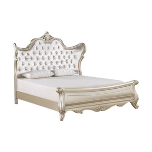 The Monique Royal Classic Bed with Button Tufted Headboard in Champagne is a testament to heirloom quality and timeless French Provincial elegance. Crafted from poplar solids and birch veneers, this bed promises strength and durability. Its design reflect