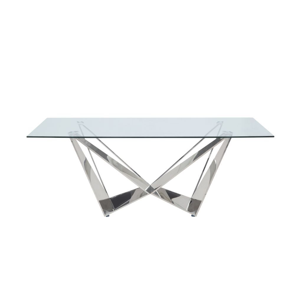 The Dekel dining set brings a modern twist to classic Hollywood glamor with glimmering glass and stainless steel. The unique angles of the dining tableâ€™s metal base contrasts beautifully with the soft upholstery of the side chairs, which feature seat ba