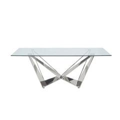 The Dekel dining set brings a modern twist to classic Hollywood glamor with glimmering glass and stainless steel. The unique angles of the dining tableâ€™s metal base contrasts beautifully with the soft upholstery of the side chairs, which feature seat ba