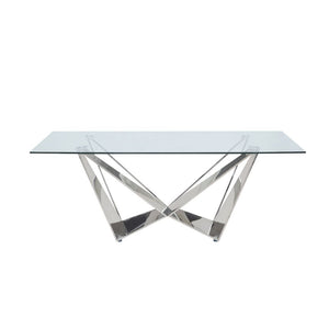 The Dekel dining set brings a modern twist to classic Hollywood glamor with glimmering glass and stainless steel. The unique angles of the dining tableâ€™s metal base contrasts beautifully with the soft upholstery of the side chairs, which feature seat ba