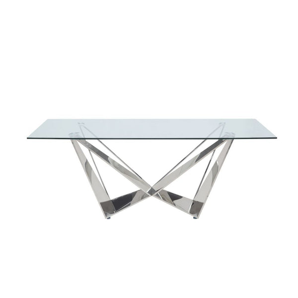 The Dekel dining set brings a modern twist to classic Hollywood glamor with glimmering glass and stainless steel. The unique angles of the dining tableâ€™s metal base contrasts beautifully with the soft upholstery of the side chairs, which feature seat ba