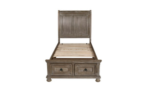 The Allegra Storage Sleigh Bed in a sophisticated pale pewter finish is a perfect blend of durability, style, and functionality. Expertly crafted from solid Mindi wood, engineered woods, and wood veneers, this bed offers exceptional durability and showcas