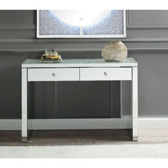 Assembled, Rectangular Console Table Storage: 2 Drawers Features: Mirrored Top w/Faux Diamonds & Clear Glass, Mirrored Sled Base (Open Base) CONSTRUCTION: Mirrored Sled-Frame: 4mm Mirror w/Beveled Edge, MDF () Top: Mirrored Trim, Faux Diamonds Inlay, 4mm 