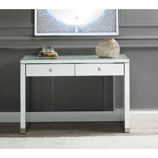 Assembled, Rectangular Console Table Storage: 2 Drawers Features: Mirrored Top w/Faux Diamonds & Clear Glass, Mirrored Sled Base (Open Base) CONSTRUCTION: Mirrored Sled-Frame: 4mm Mirror w/Beveled Edge, MDF () Top: Mirrored Trim, Faux Diamonds Inlay, 4mm 