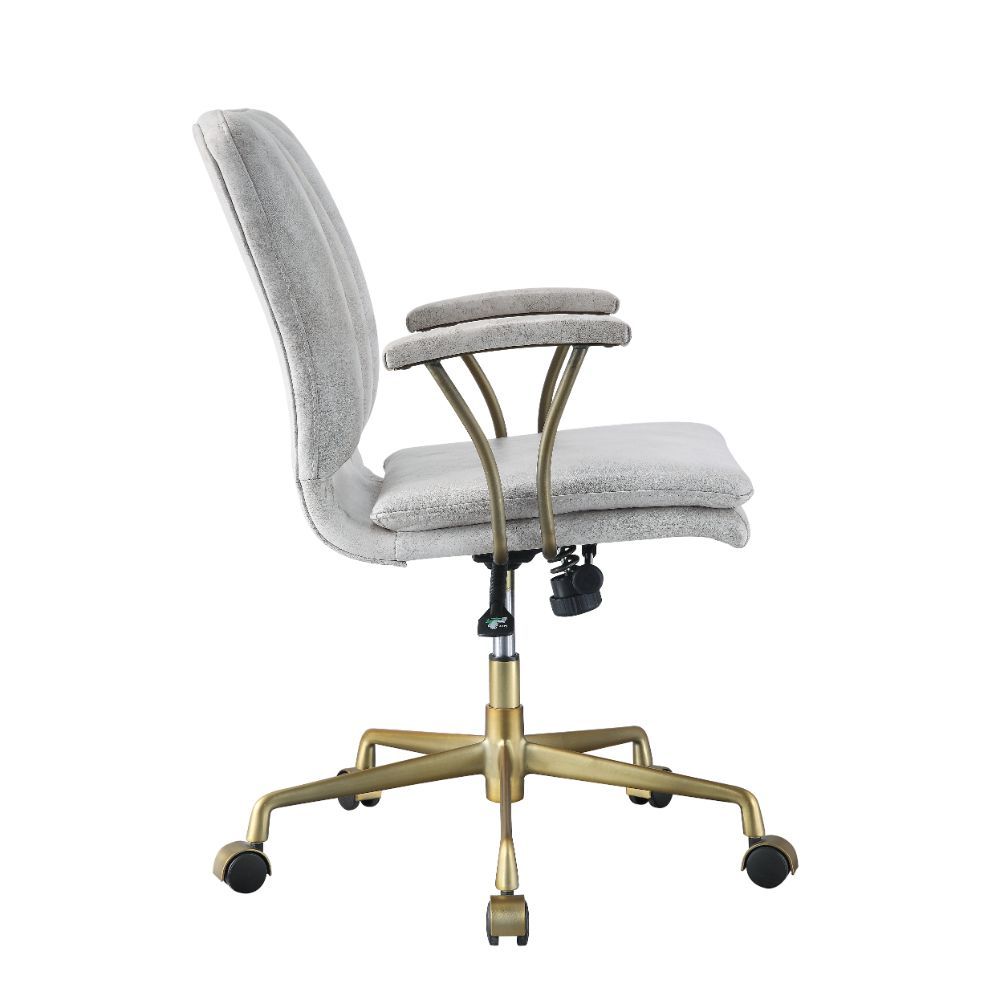 Furnish your office with the Damir high back office chair. This rolling swivel chair has fully adjustable lift height with exceptional lumbar support, and features luxurious top grain upholstery in vintage white with decorative vertical stitching, all bea